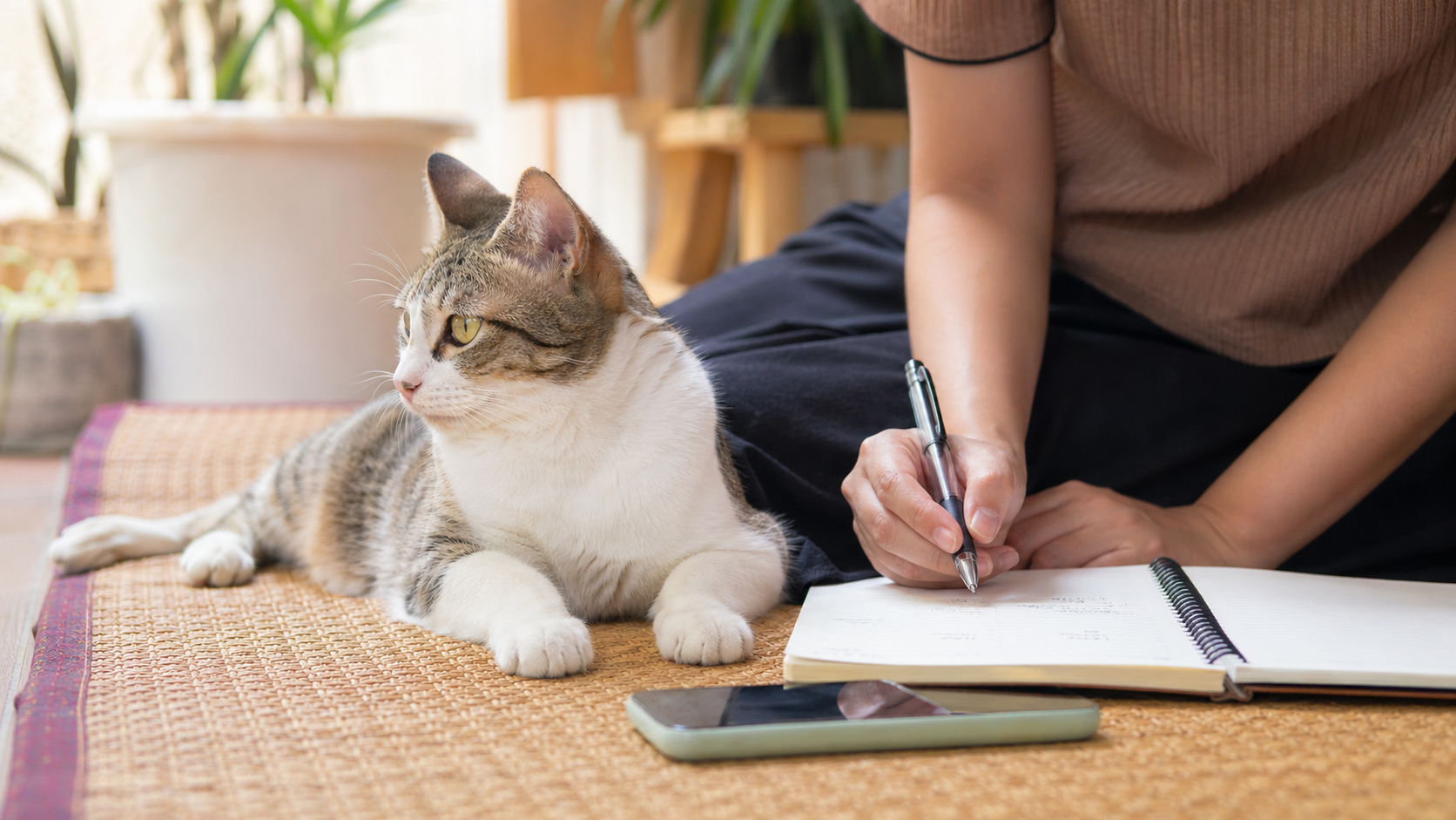 Kucing tenang di rumah bersama catatan pemilik untuk memantau muntah
