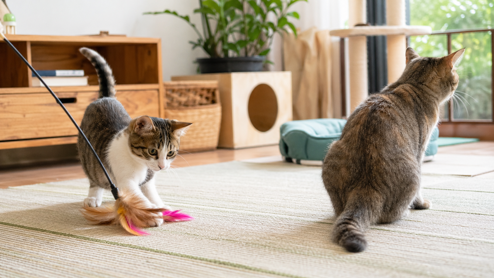 Dua kucing di rumah menunjukkan perbedaan sinyal bermain dan waspada