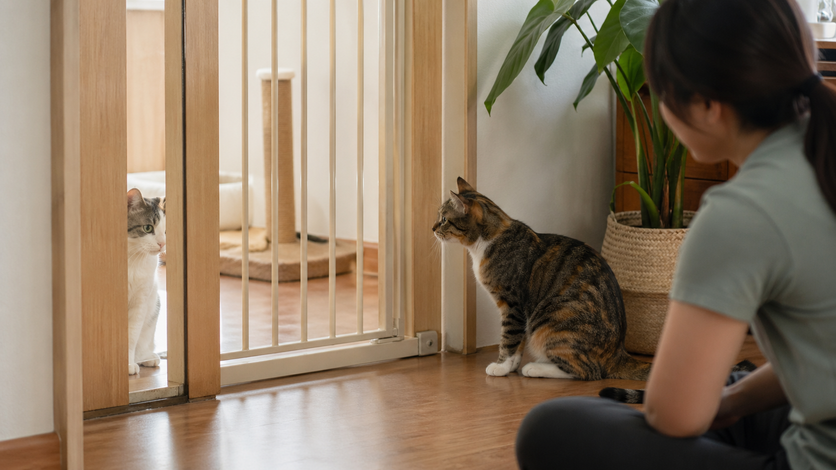 Dua kucing diperkenalkan perlahan dengan pembatas aman di rumah