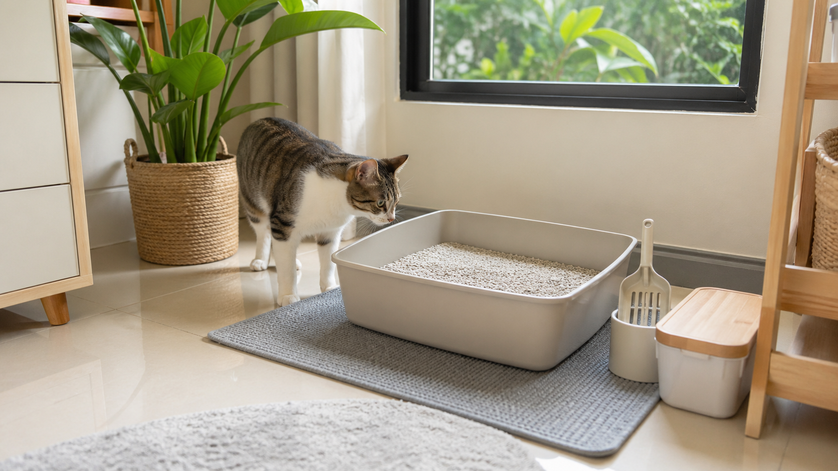 Kucing mendekati kotak pasir bersih di sudut rumah yang tenang