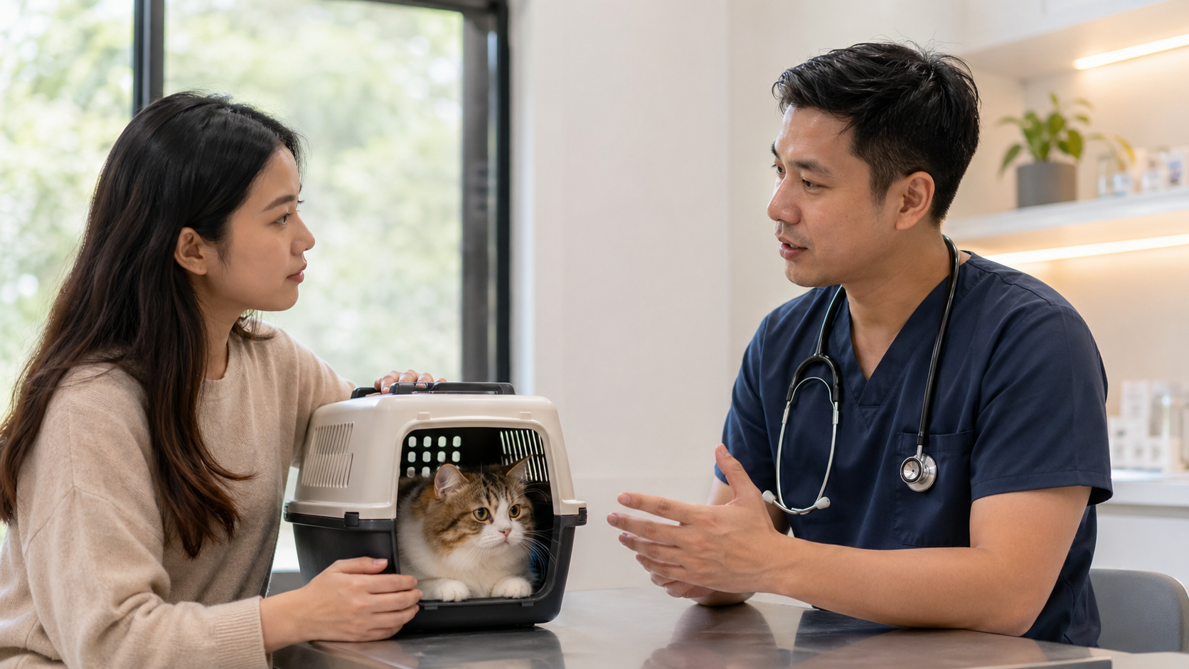 Pemilik berkonsultasi dengan dokter hewan sambil membawa kucing dengan tenang