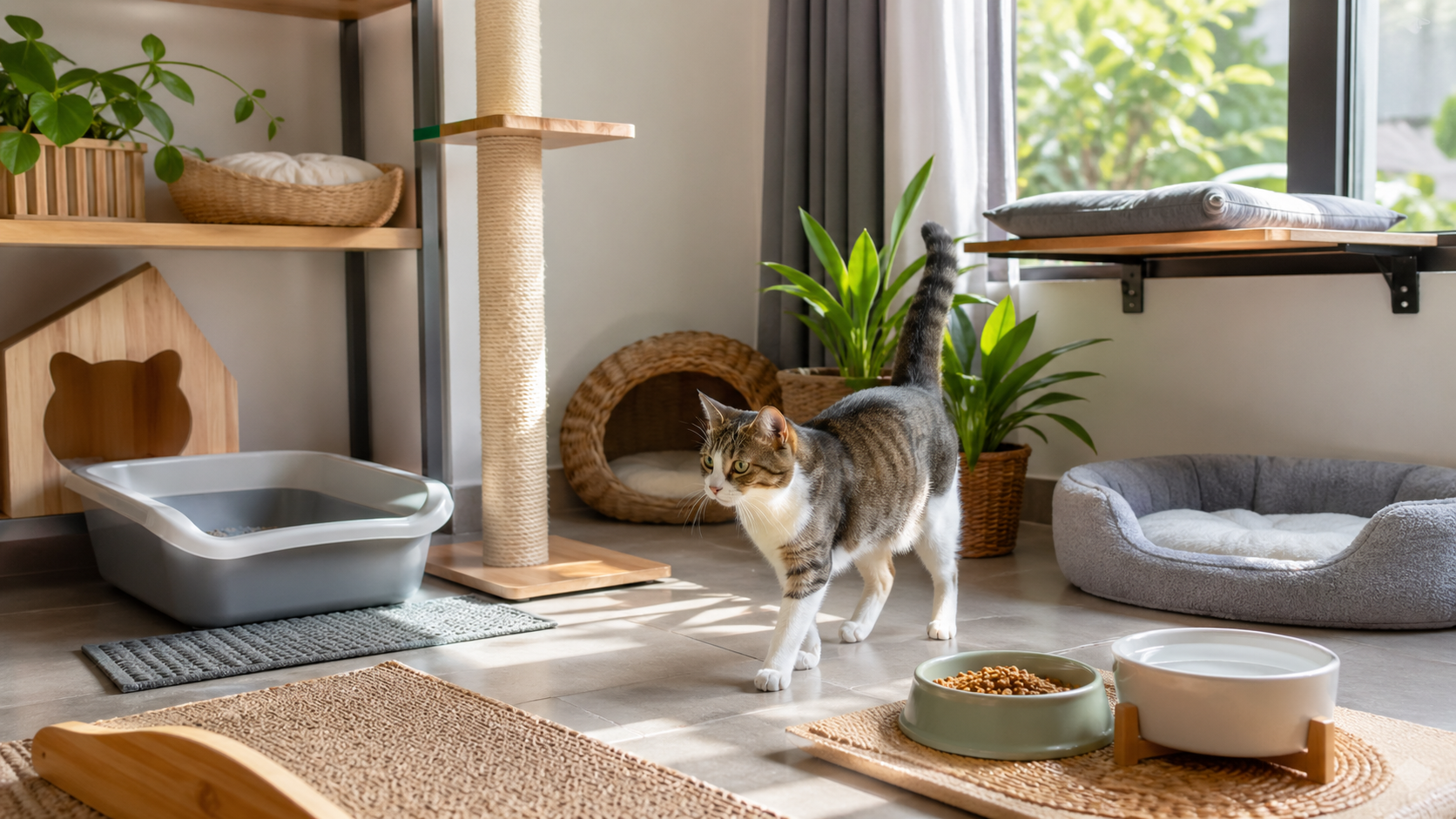 Kucing berada di rumah dengan makanan, tempat istirahat, garukan, dan kotak pasir