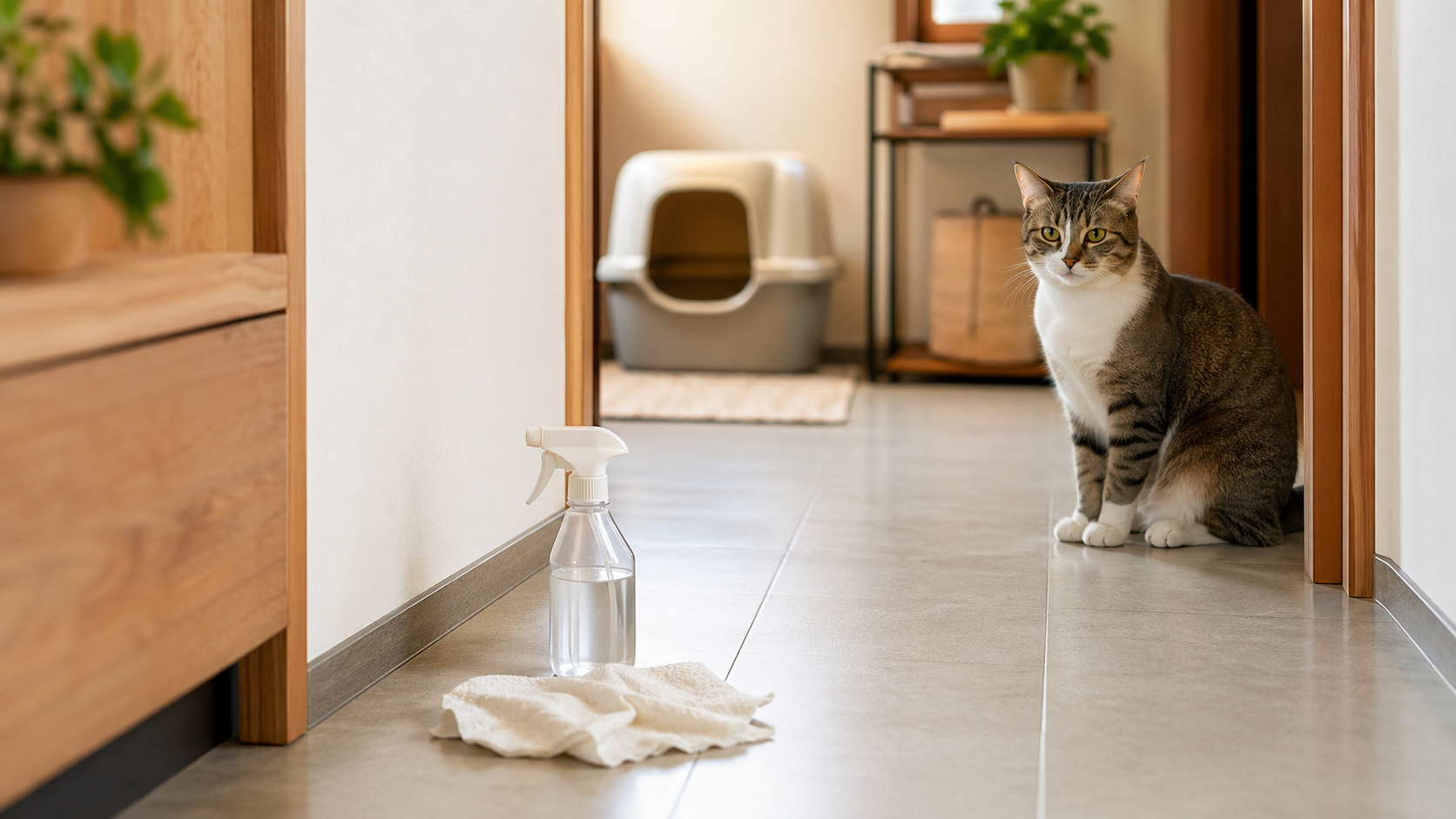 Kucing duduk dekat area rumah yang sedang dibersihkan dengan kotak pasir di belakang