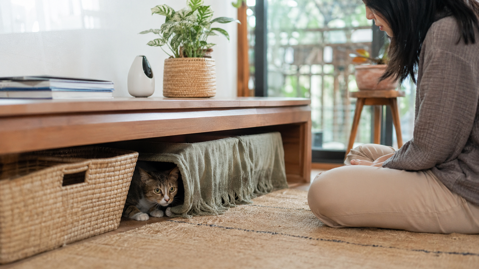 Kucing bersembunyi di tempat aman sementara pemilik memberi ruang